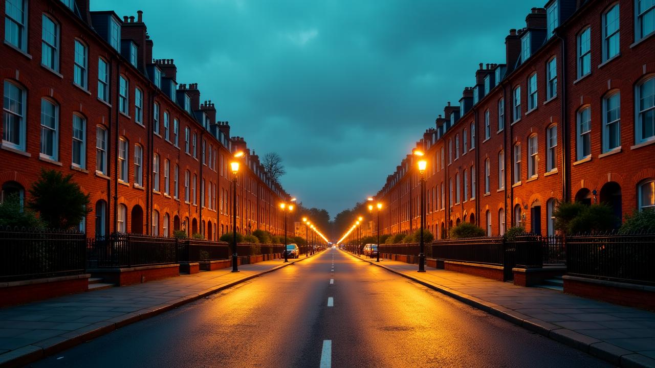 Calm Dublin street scene at dusk showing a safe community environment